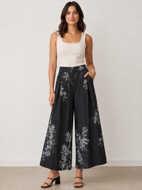 Wide Leg Culottes Pants Black Floral Print Japanese Style High Waist Size XS